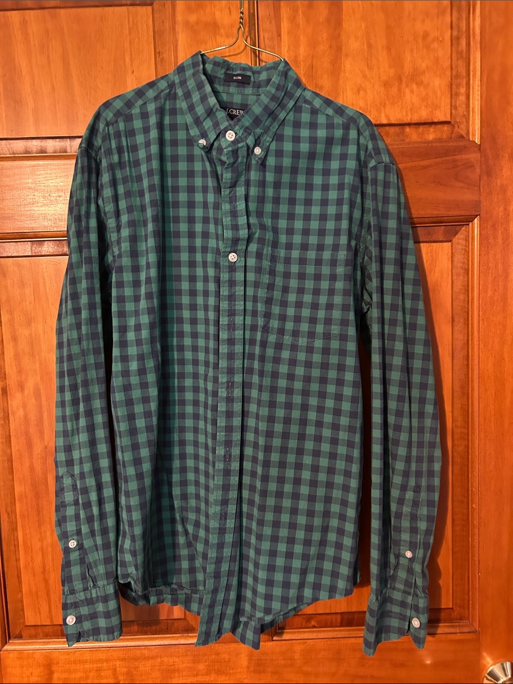 J. Crew Green and Navy Check Button-Down Shirt